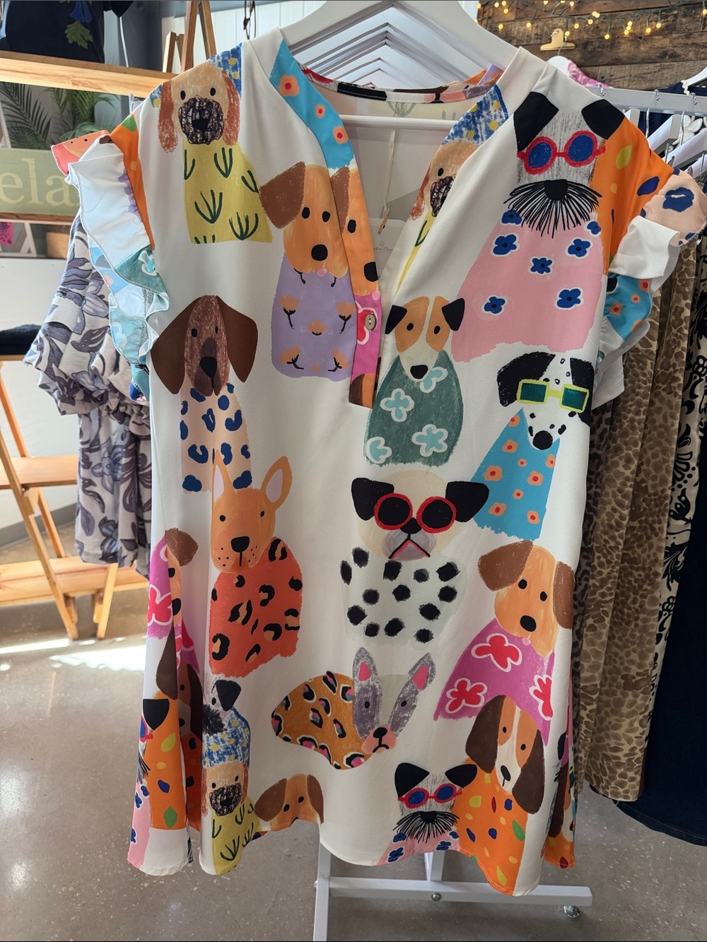 Women’s White Mini Dress with Colorful Dog Print and Ruffle Sleeves